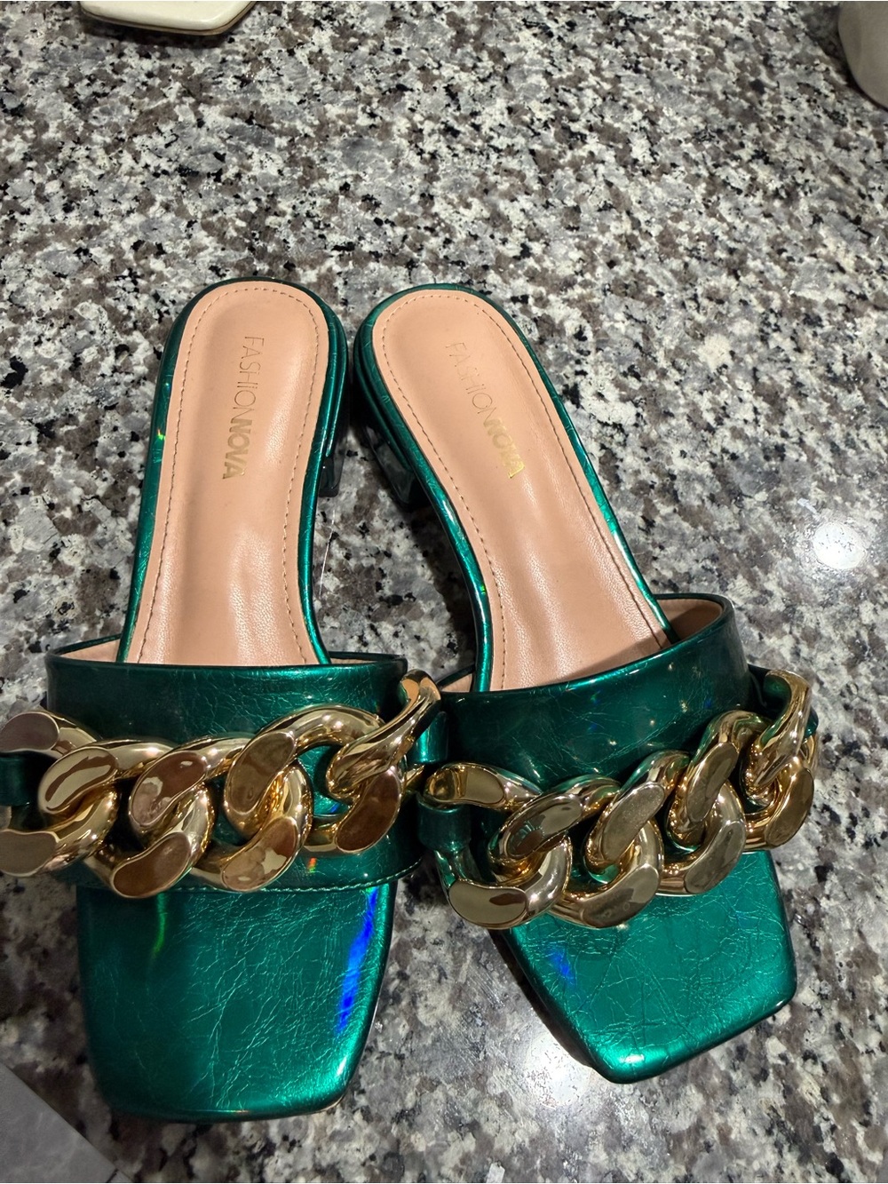 Fashion Nova Metallic Emerald Green Chain-Accent Slide Mules